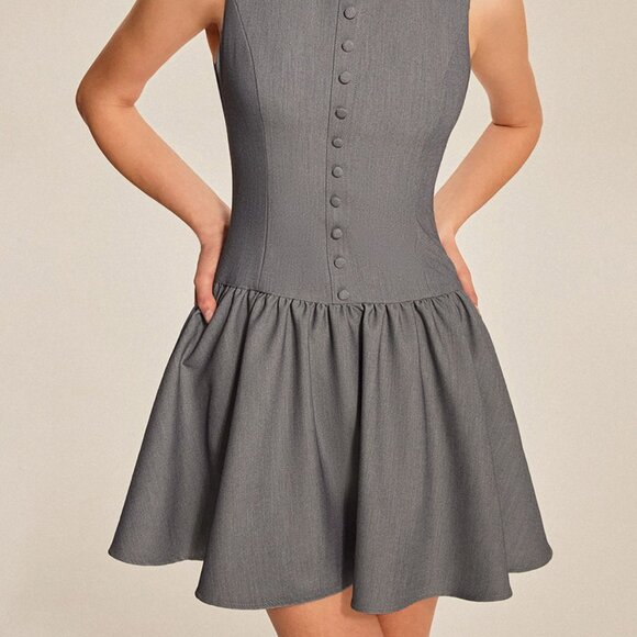 Round Neck Sleeveless Ruffled Mini Dress | New Mini Buttoned Dress - Picture 6 of 9